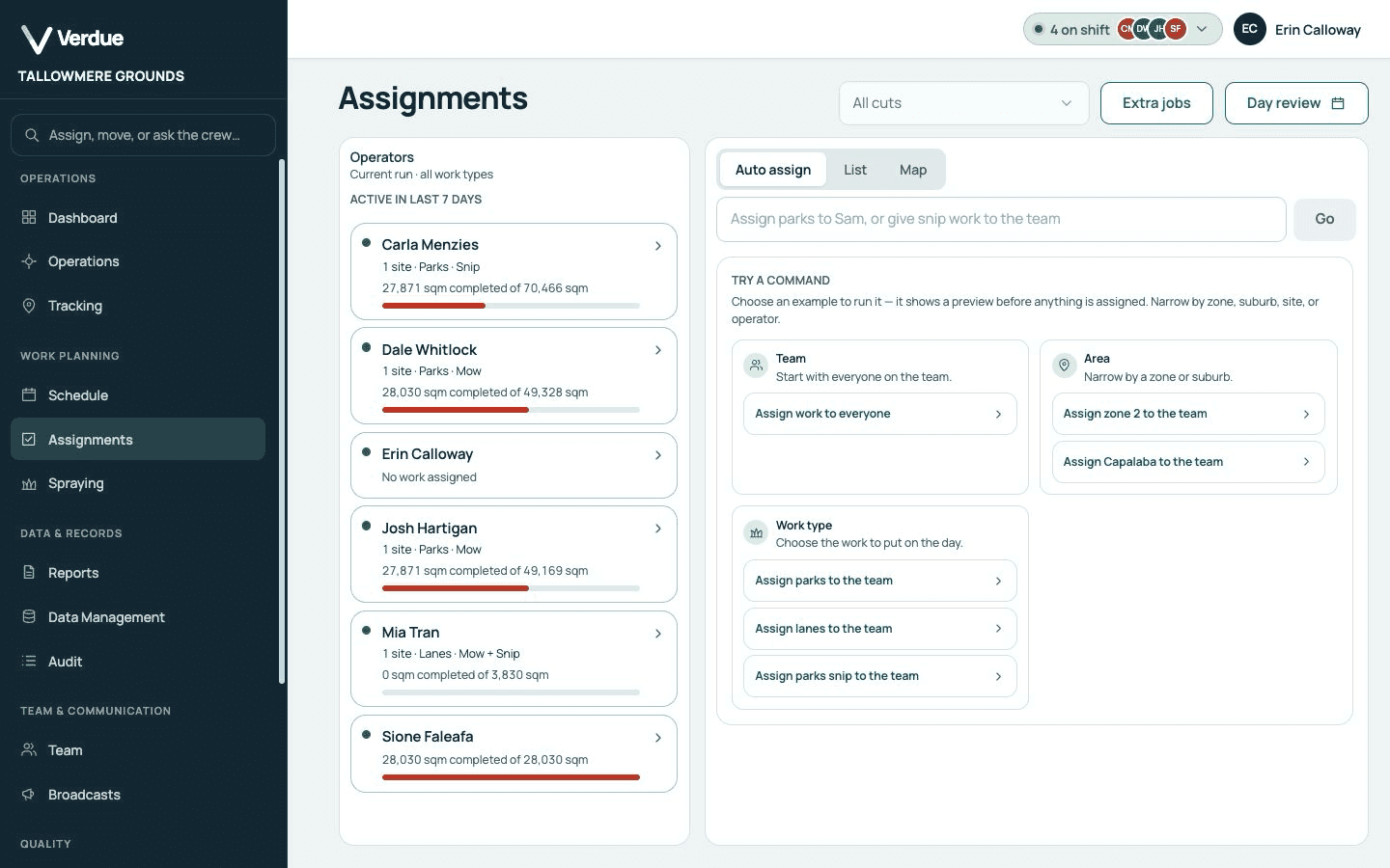 Verdue Assignments screen for a demonstration organisation: the crew listed with their assigned sites and area, beside plain-language assignment commands.