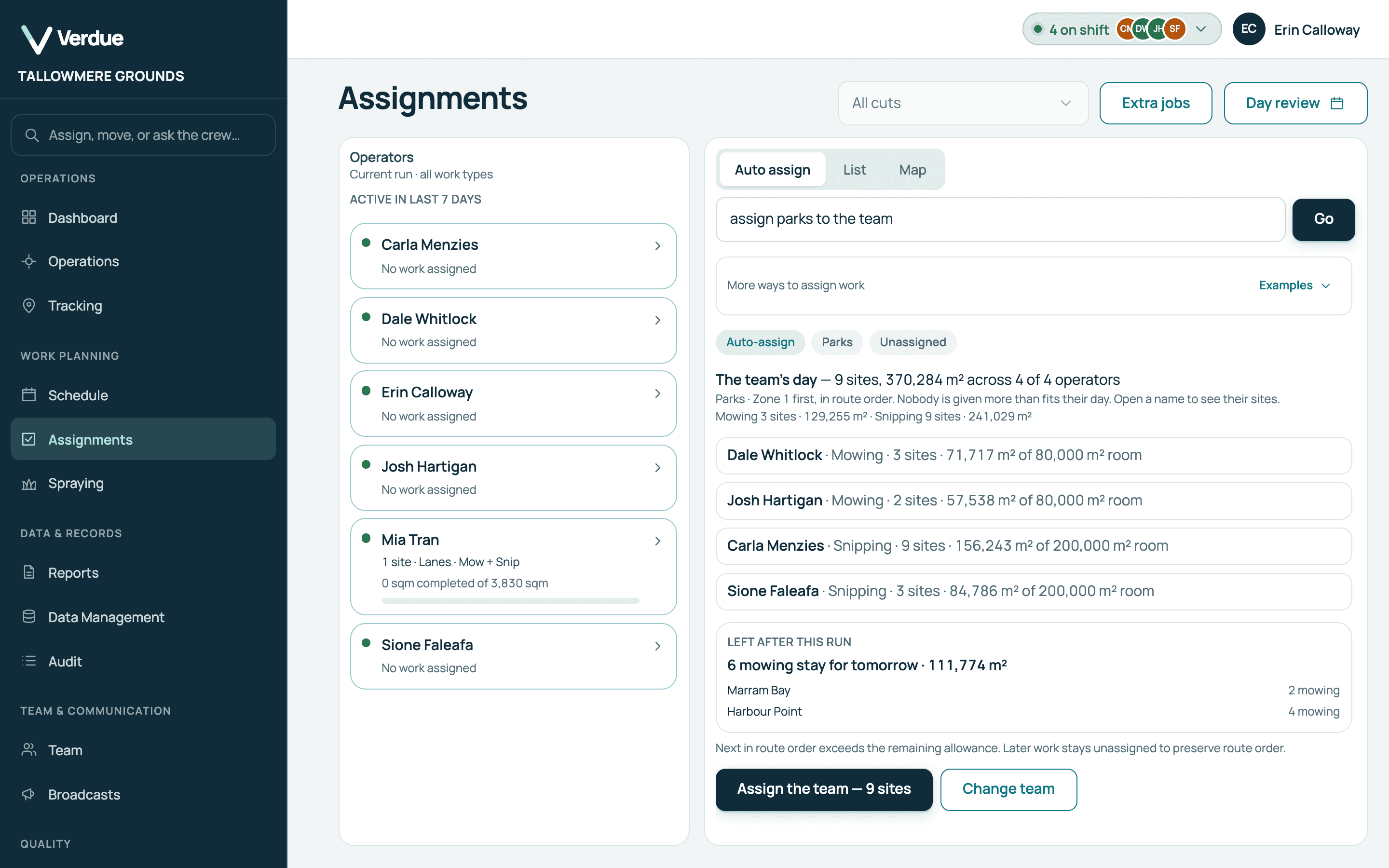 Verdue Assignments screen for a demonstration organisation: the team’s proposed day, with a row for each operator showing their sites and area against their room, the work left after the run, and a button to assign the team.