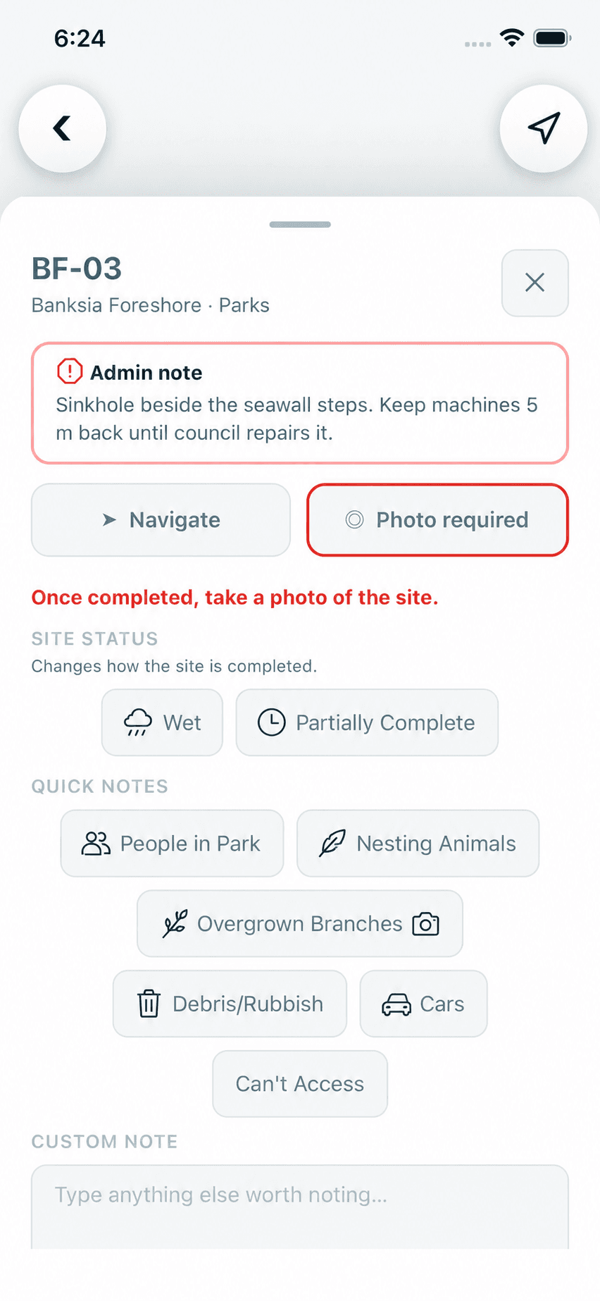 Verdue operator app for a demonstration organisation: the job sheet for site BF-03, Banksia Foreshore, with a critical Admin note about a sinkhole, a Navigate button, a Photo required button outlined in red, and a line in red reading Once completed, take a photo of the site.